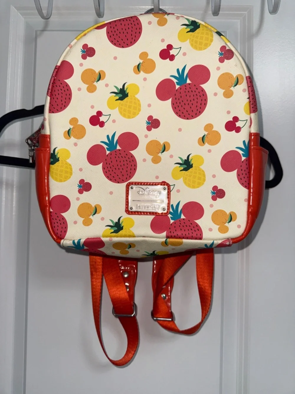 Loungefly Cream Mini Backpack with Red, Yellow & Orange Fruit Mickeys